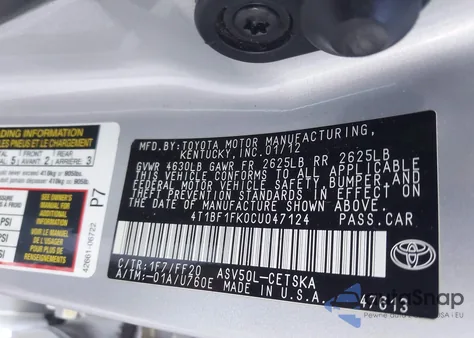 2012 Toyota Camry Se z USA, uszkodzony, nr VIN 4T1BF1FK0CU047124